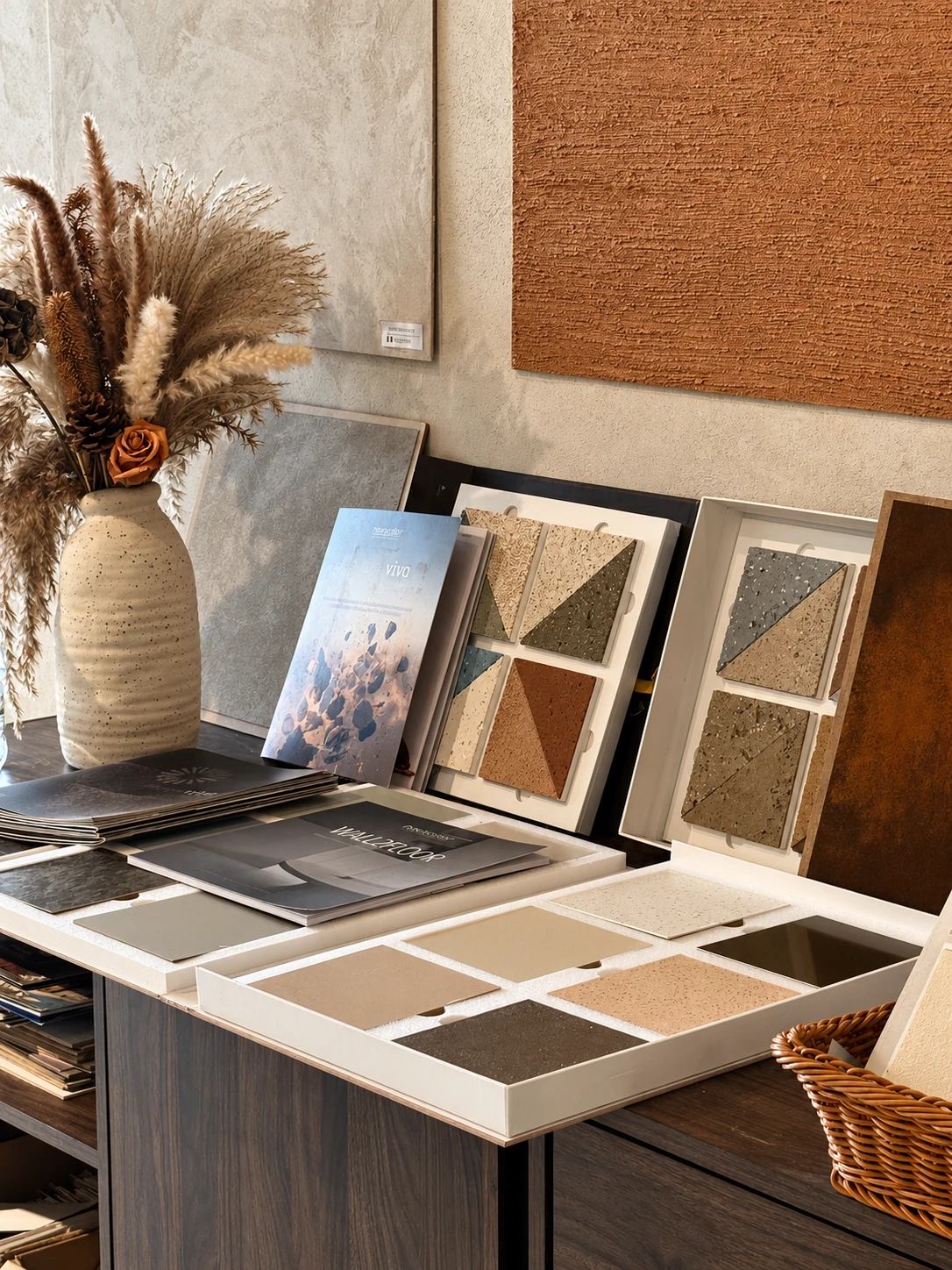 Novacolor sample boxes and brochures on the showroom table