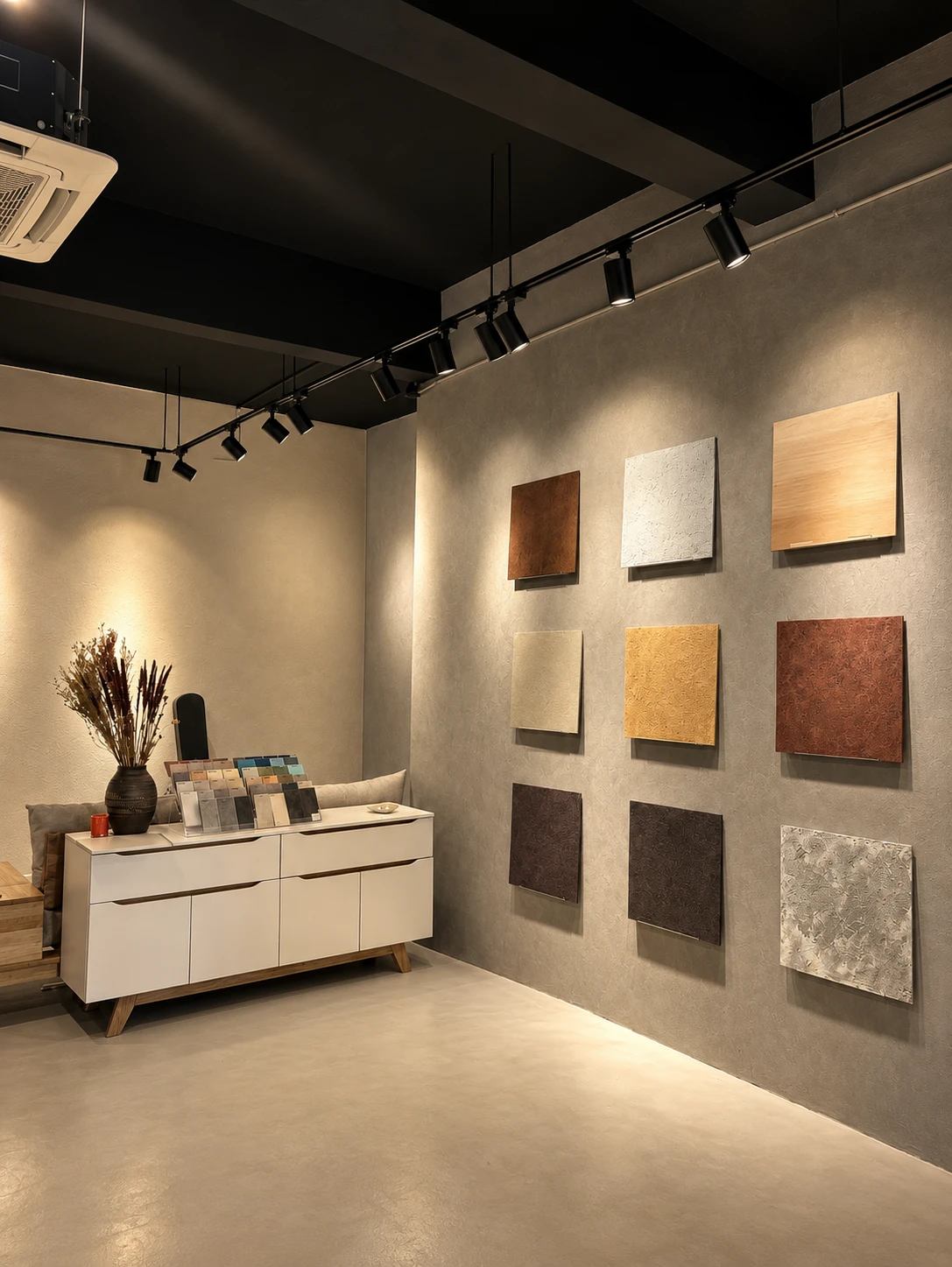 The showroom sample wall with nine texture panels under track lights
