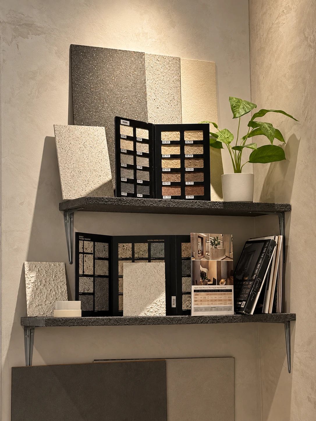 Sample boards and colour books on the showroom shelves